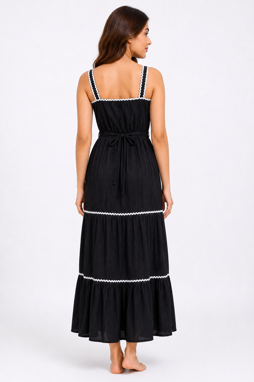 Black Contrast Trim Tiered Maxi Dress