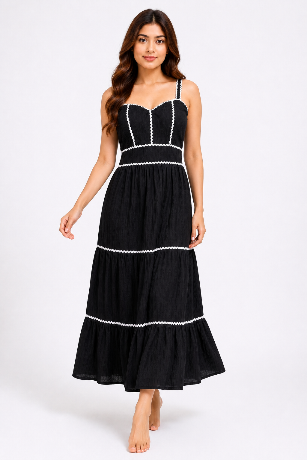 Black Contrast Trim Tiered Maxi Dress
