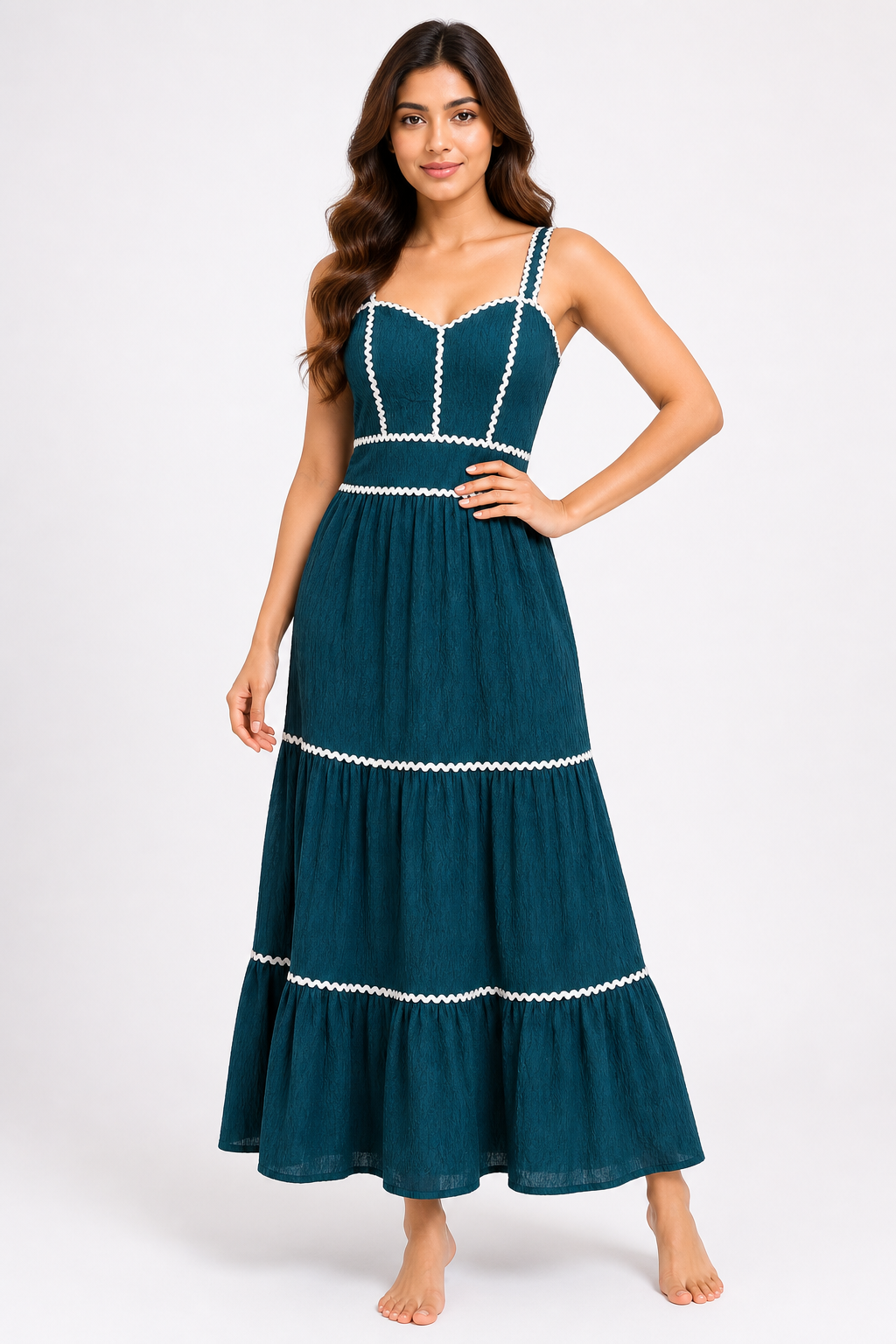 Teal Contrast Trim Tiered Maxi Dress