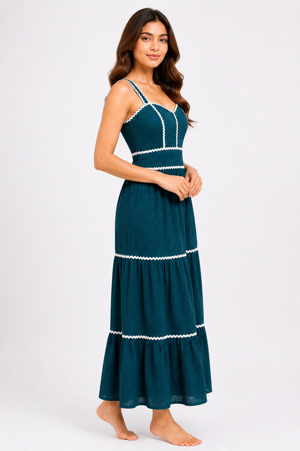 Teal Contrast Trim Tiered Maxi Dress