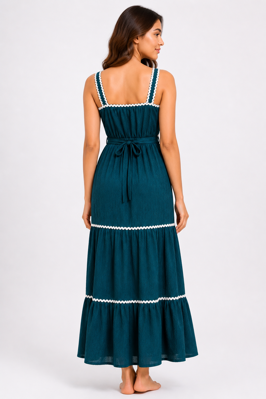 Teal Contrast Trim Tiered Maxi Dress