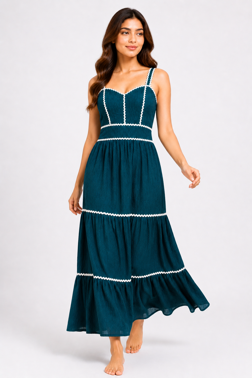 Teal Contrast Trim Tiered Maxi Dress