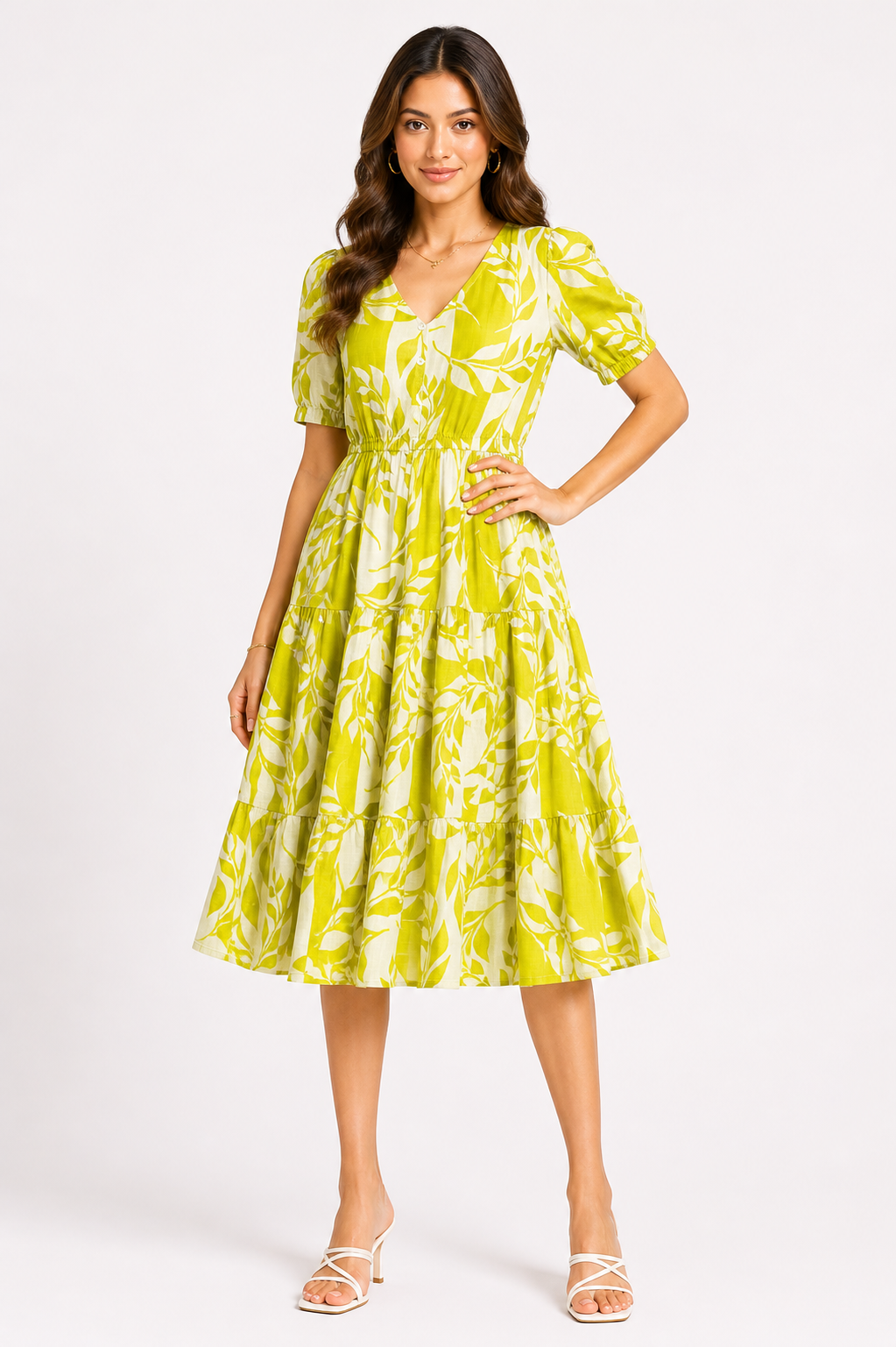 Lime Yellow Botanical Print Tiered Midi Dress
