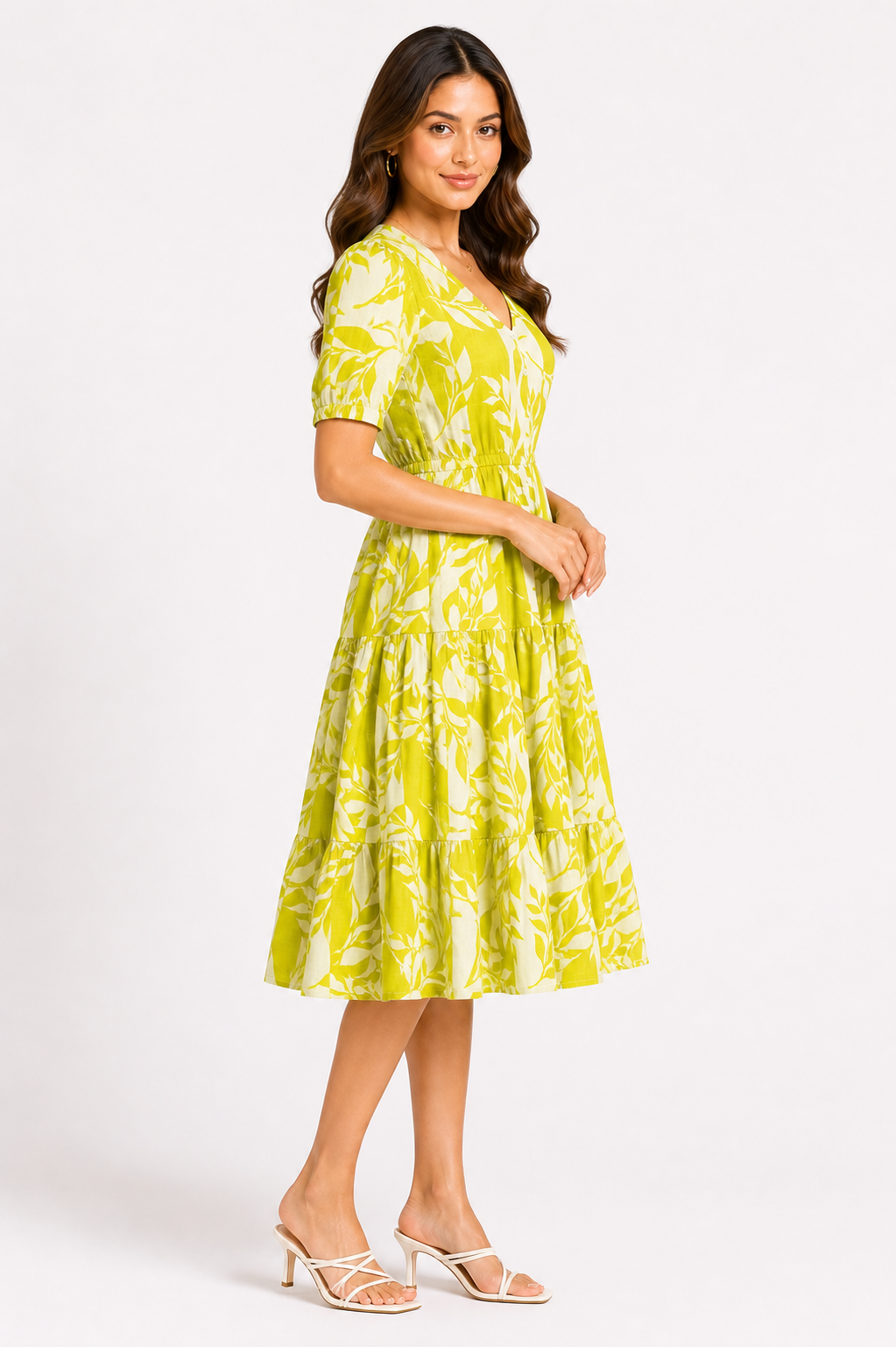 Lime Yellow Botanical Print Tiered Midi Dress