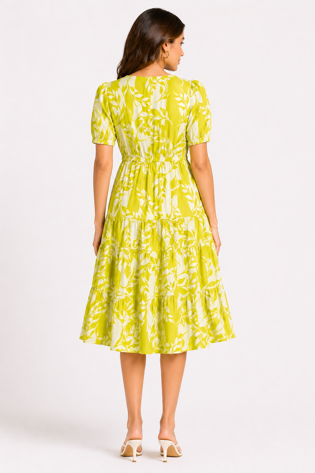 Lime Yellow Botanical Print Tiered Midi Dress