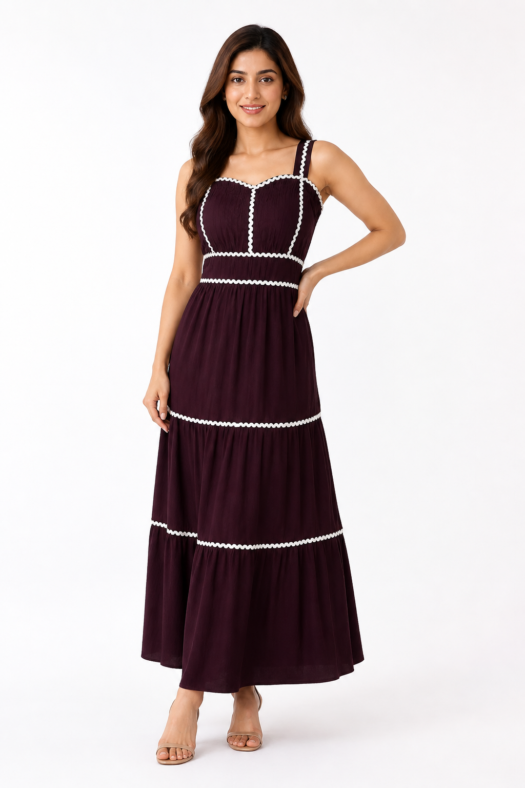 Deep Wine Contrast Trim Tiered Maxi Dress
