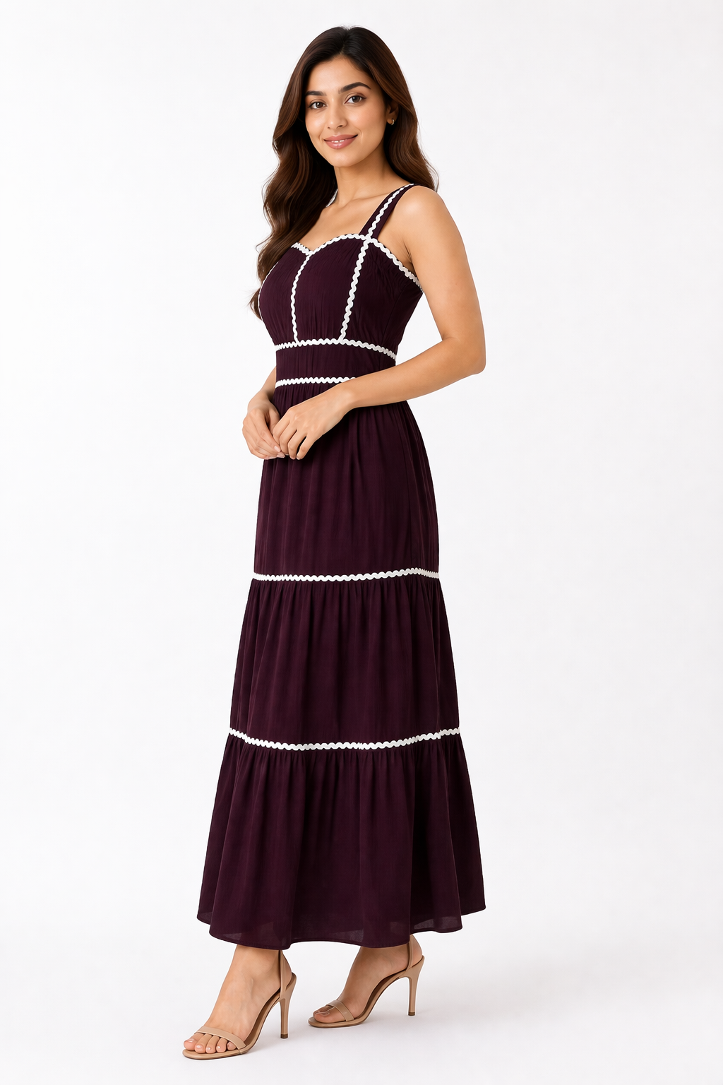 Deep Wine Contrast Trim Tiered Maxi Dress