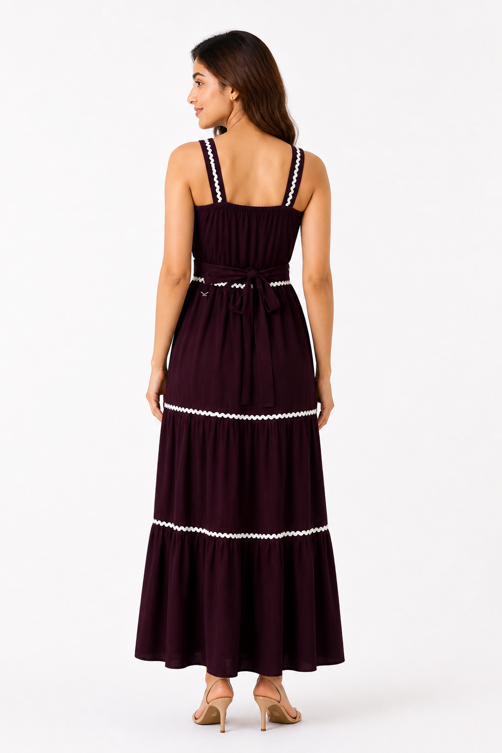 Deep Wine Contrast Trim Tiered Maxi Dress