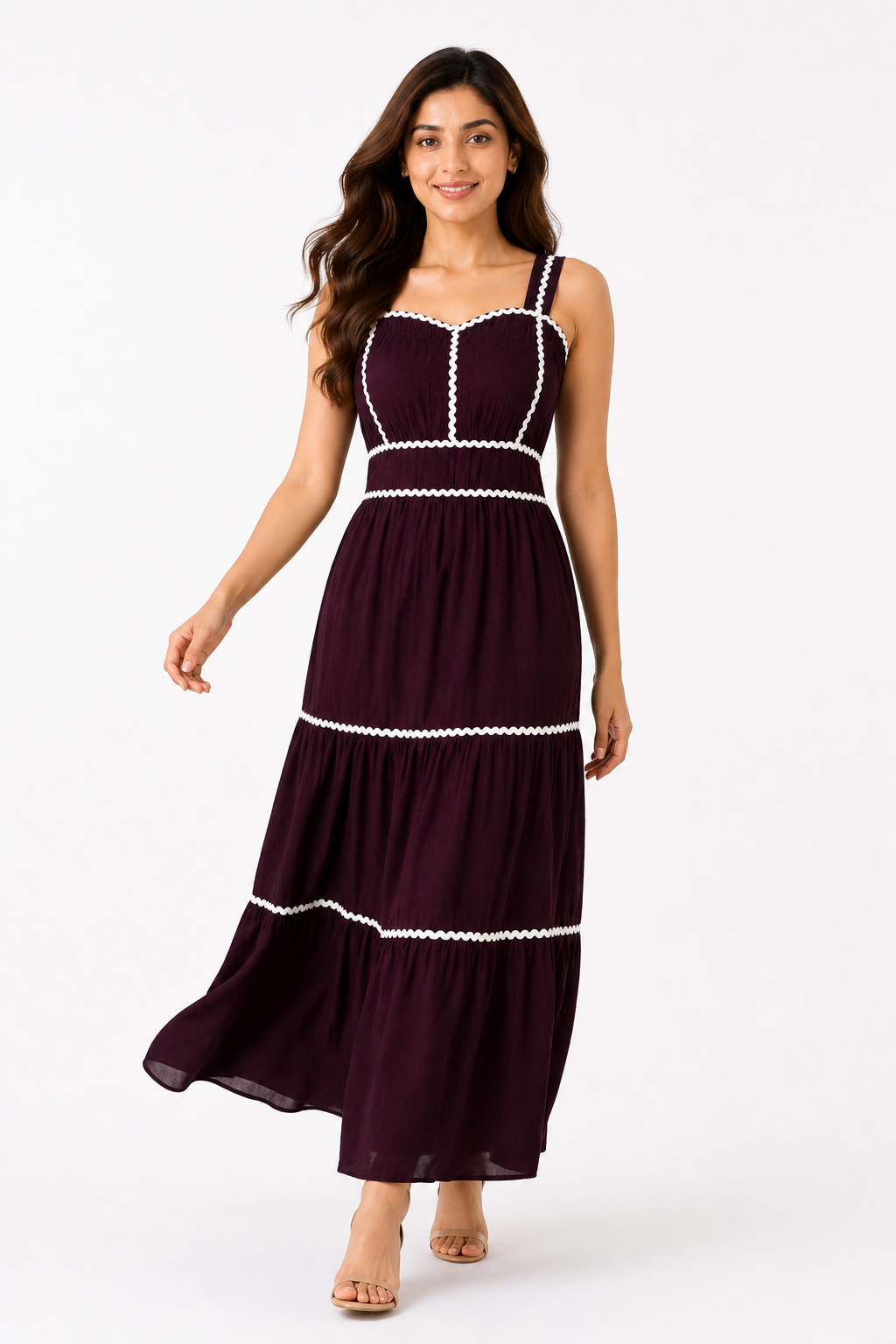 Deep Wine Contrast Trim Tiered Maxi Dress