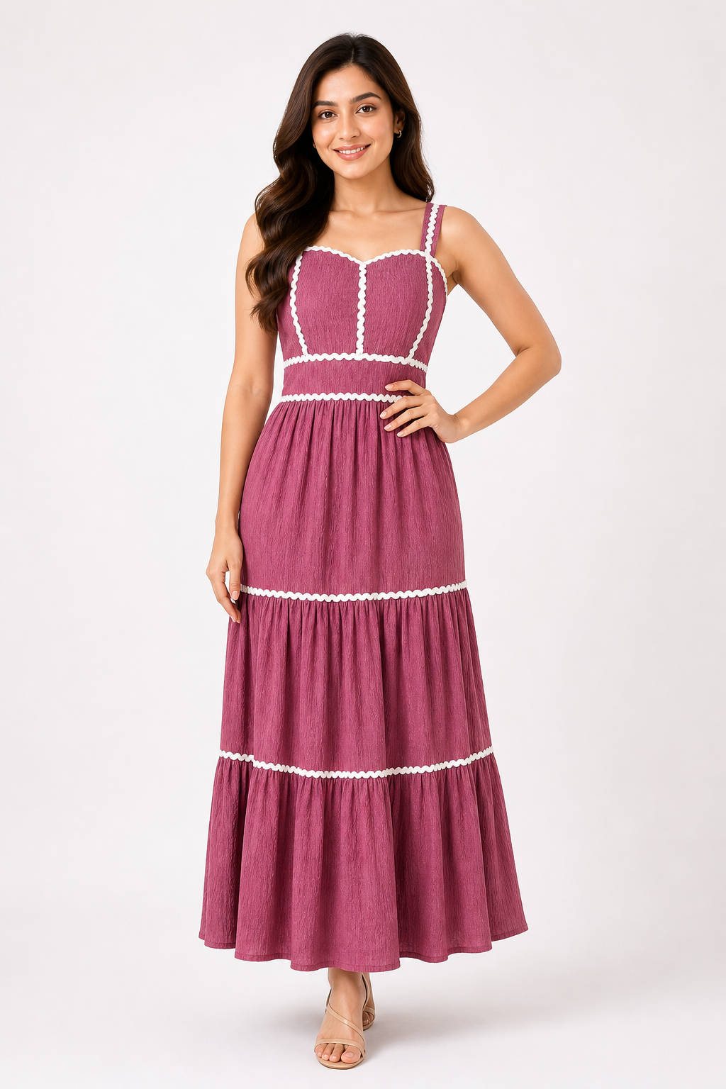Rose Pink Contrast Trim Tiered Maxi Dress