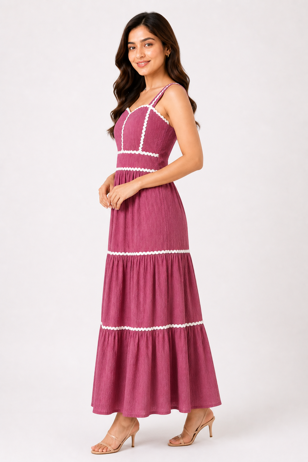 Rose Pink Contrast Trim Tiered Maxi Dress
