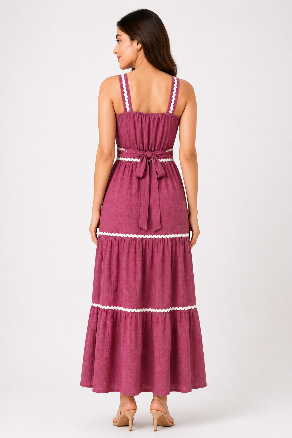 Rose Pink Contrast Trim Tiered Maxi Dress
