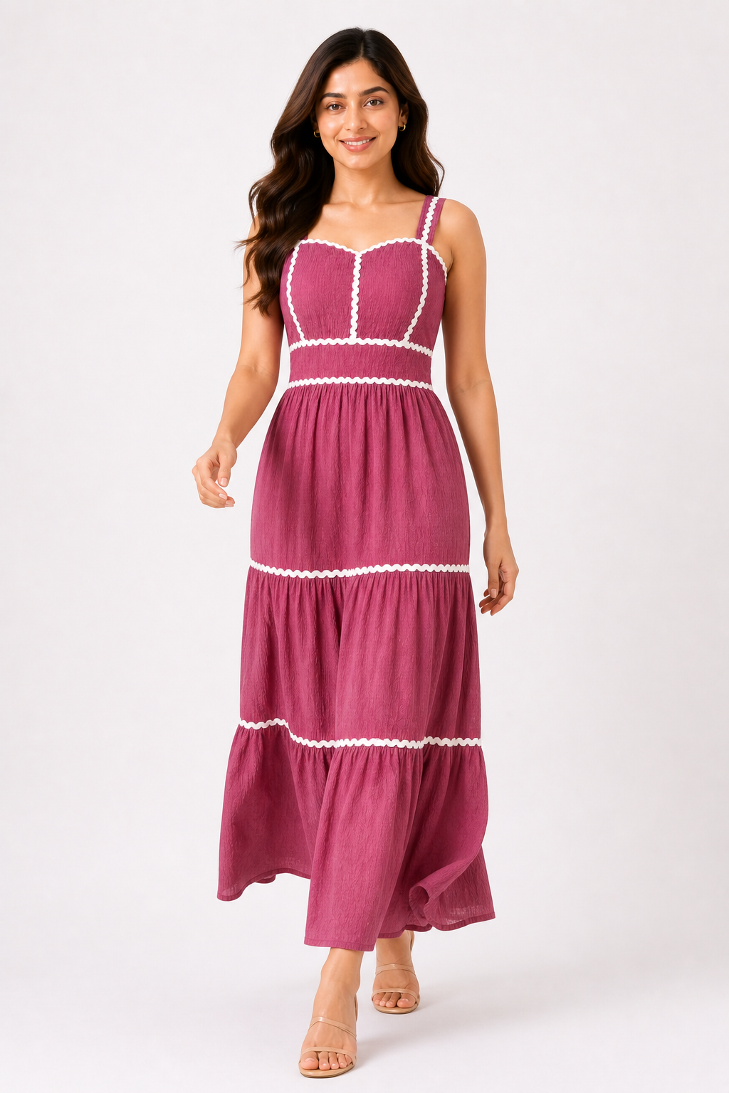 Rose Pink Contrast Trim Tiered Maxi Dress