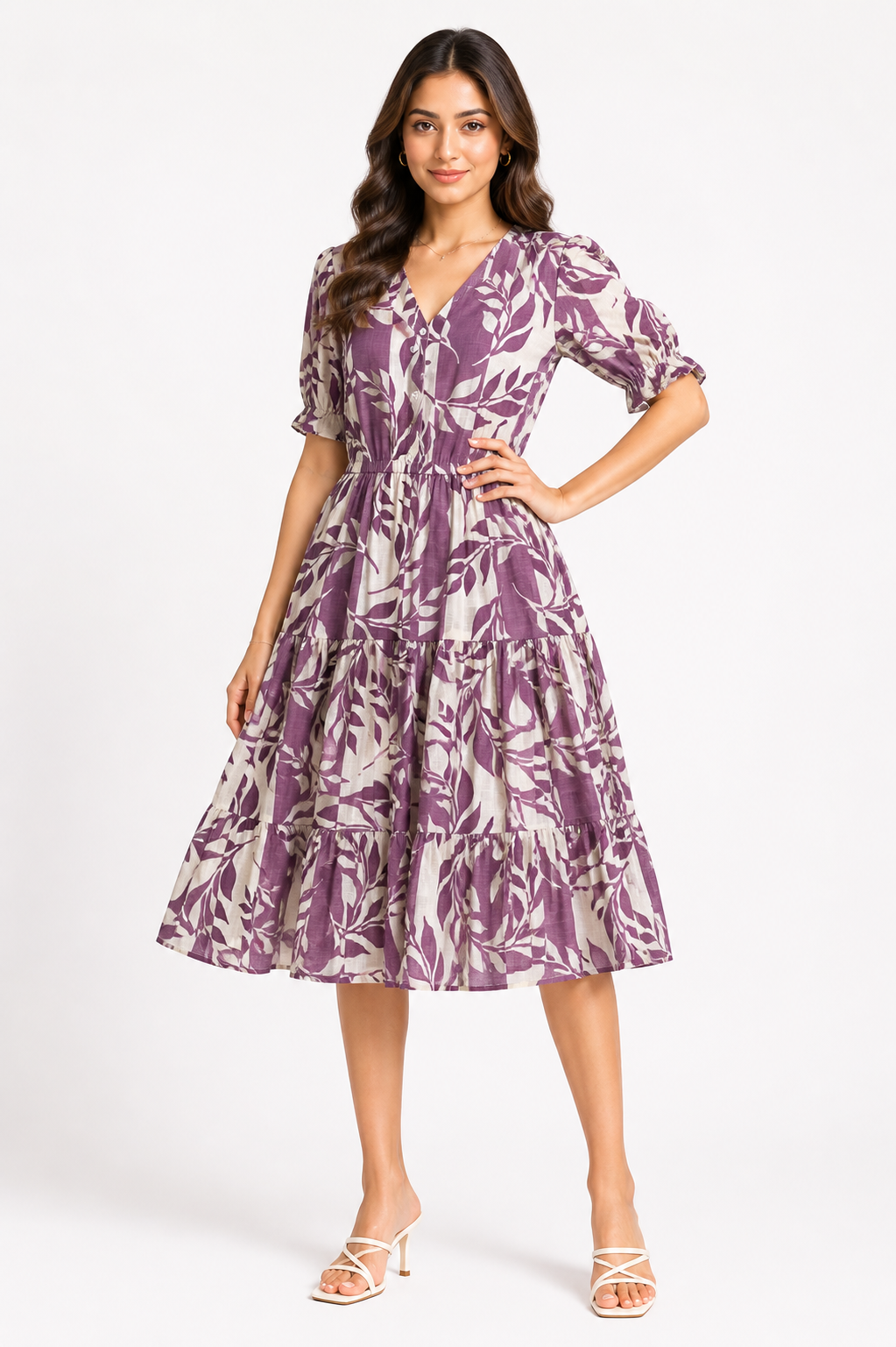 Mauve Botanical Print Tiered Midi Dress