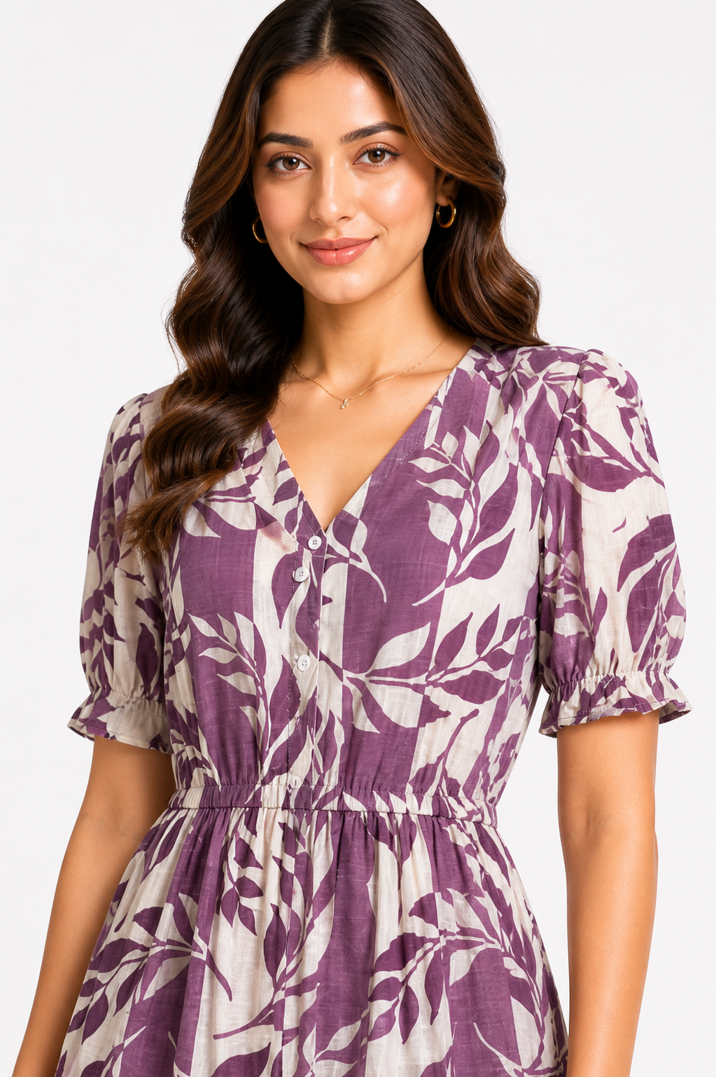 Mauve Botanical Print Tiered Midi Dress