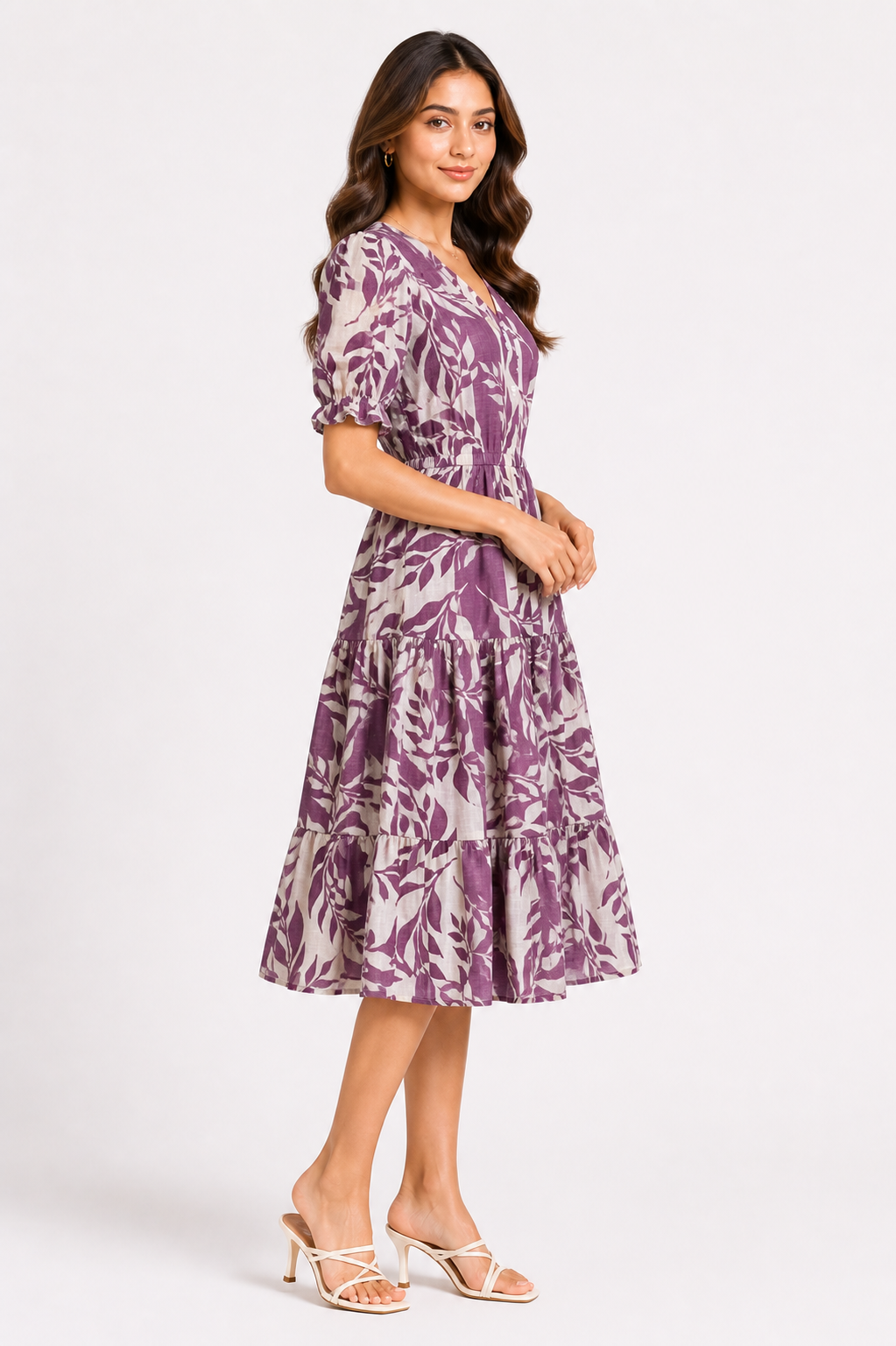 Mauve Botanical Print Tiered Midi Dress