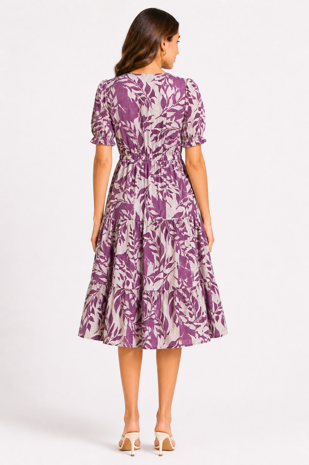 Mauve Botanical Print Tiered Midi Dress