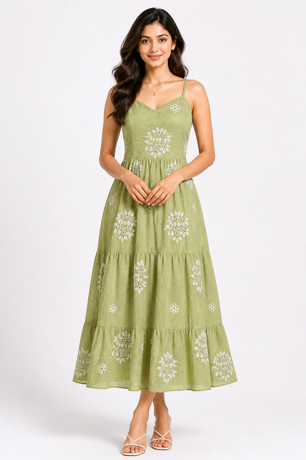 Light Olive Embroidered Tiered Midi Dress