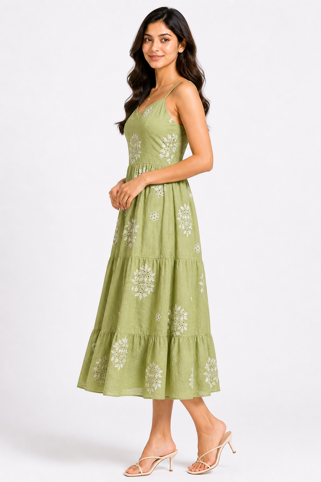 Light Olive Embroidered Tiered Midi Dress