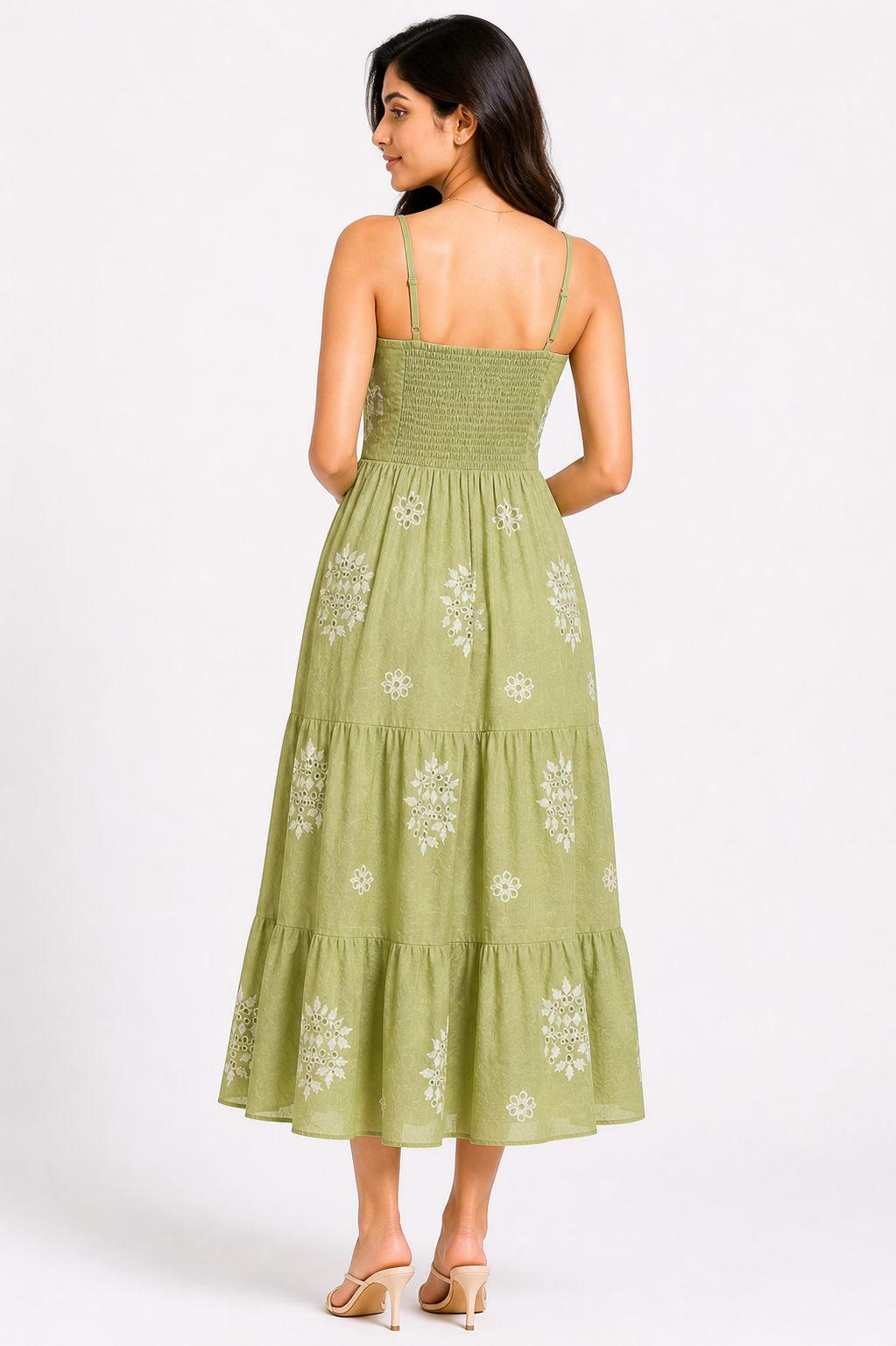 Light Olive Embroidered Tiered Midi Dress