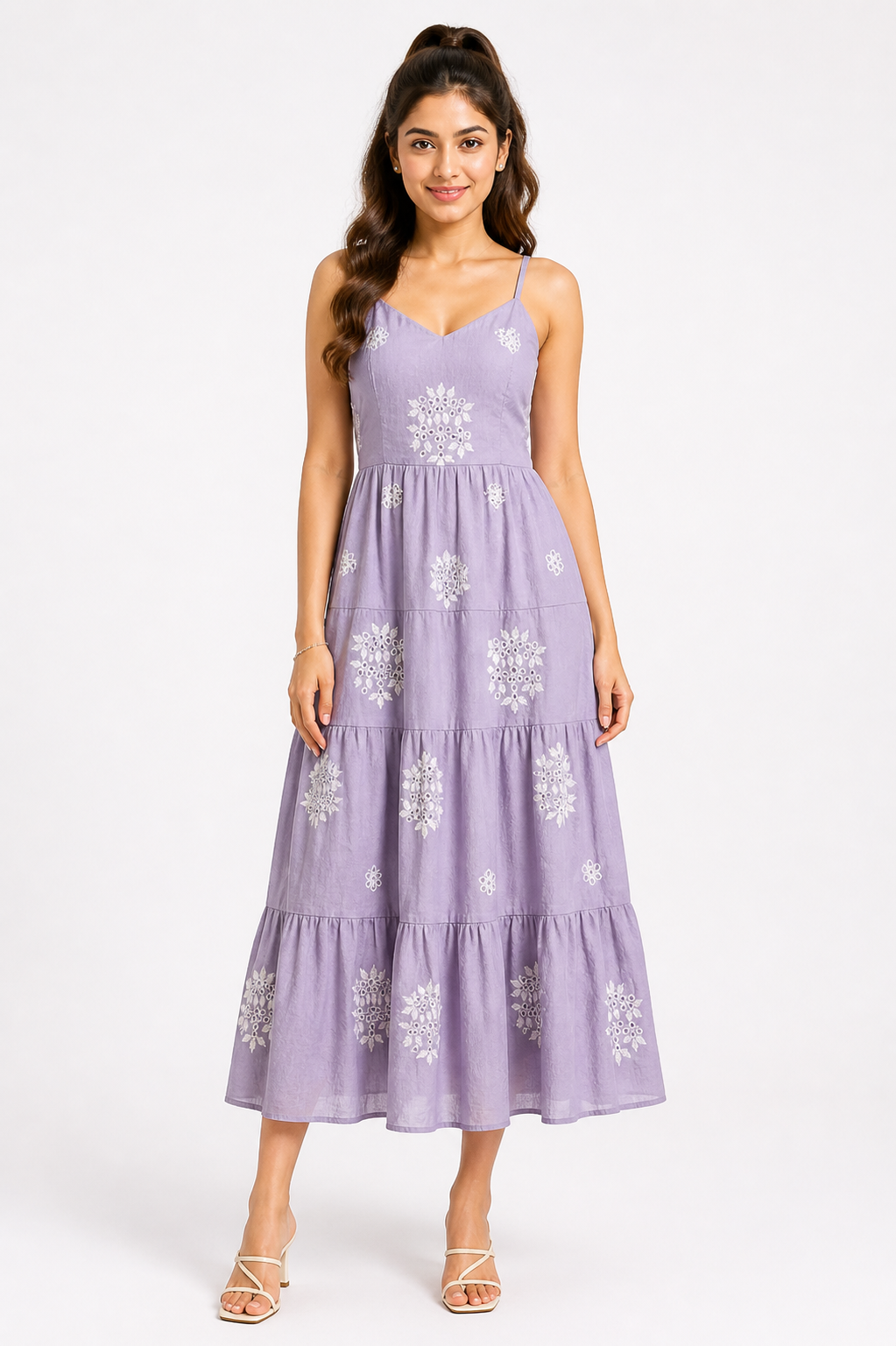 Lavender Embroidered Tiered Midi Dress