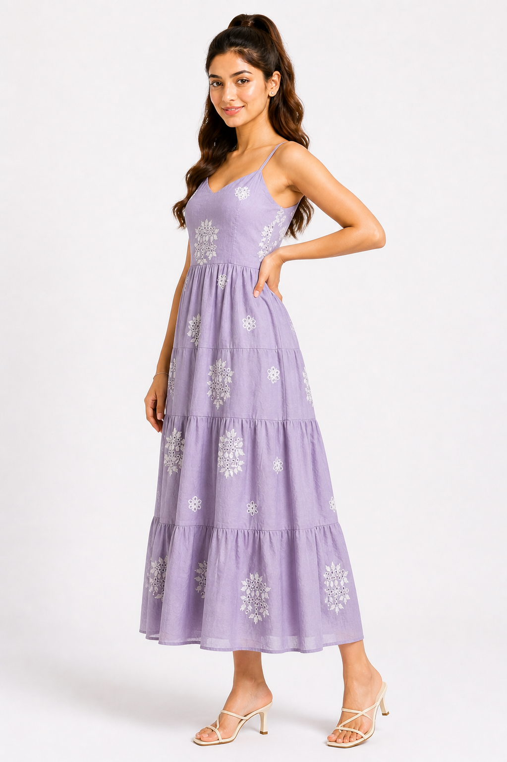 Lavender Embroidered Tiered Midi Dress