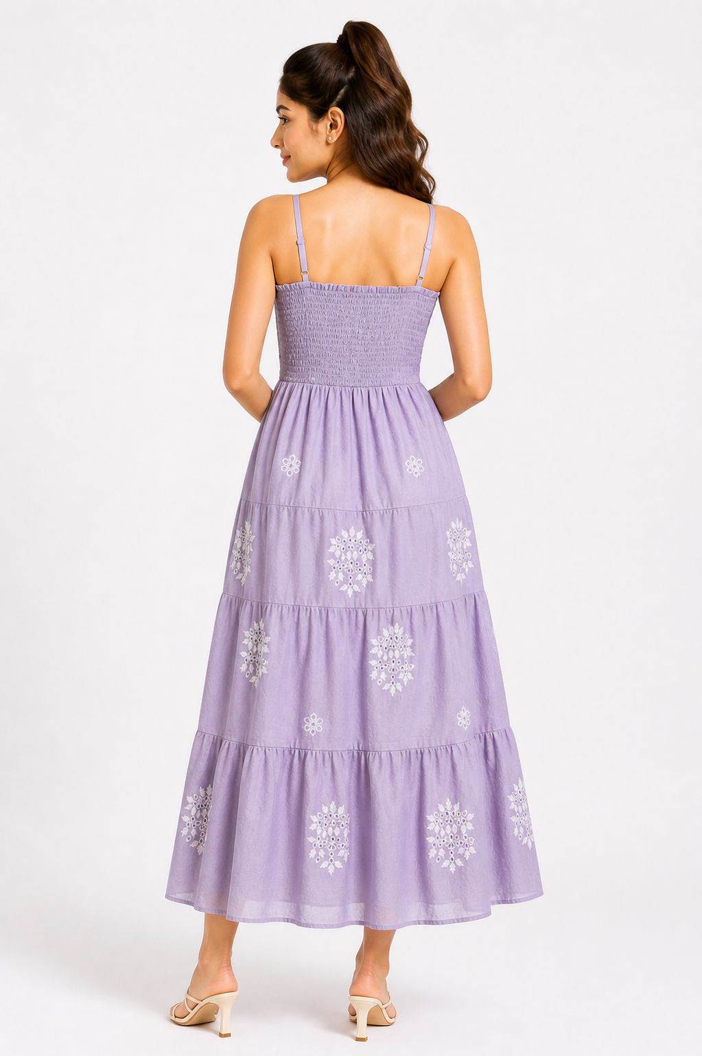 Lavender Embroidered Tiered Midi Dress