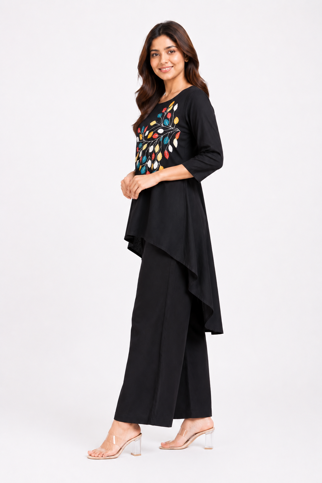 Black Floral Printed High-Low Embroidered  Co-Ord Set for Women