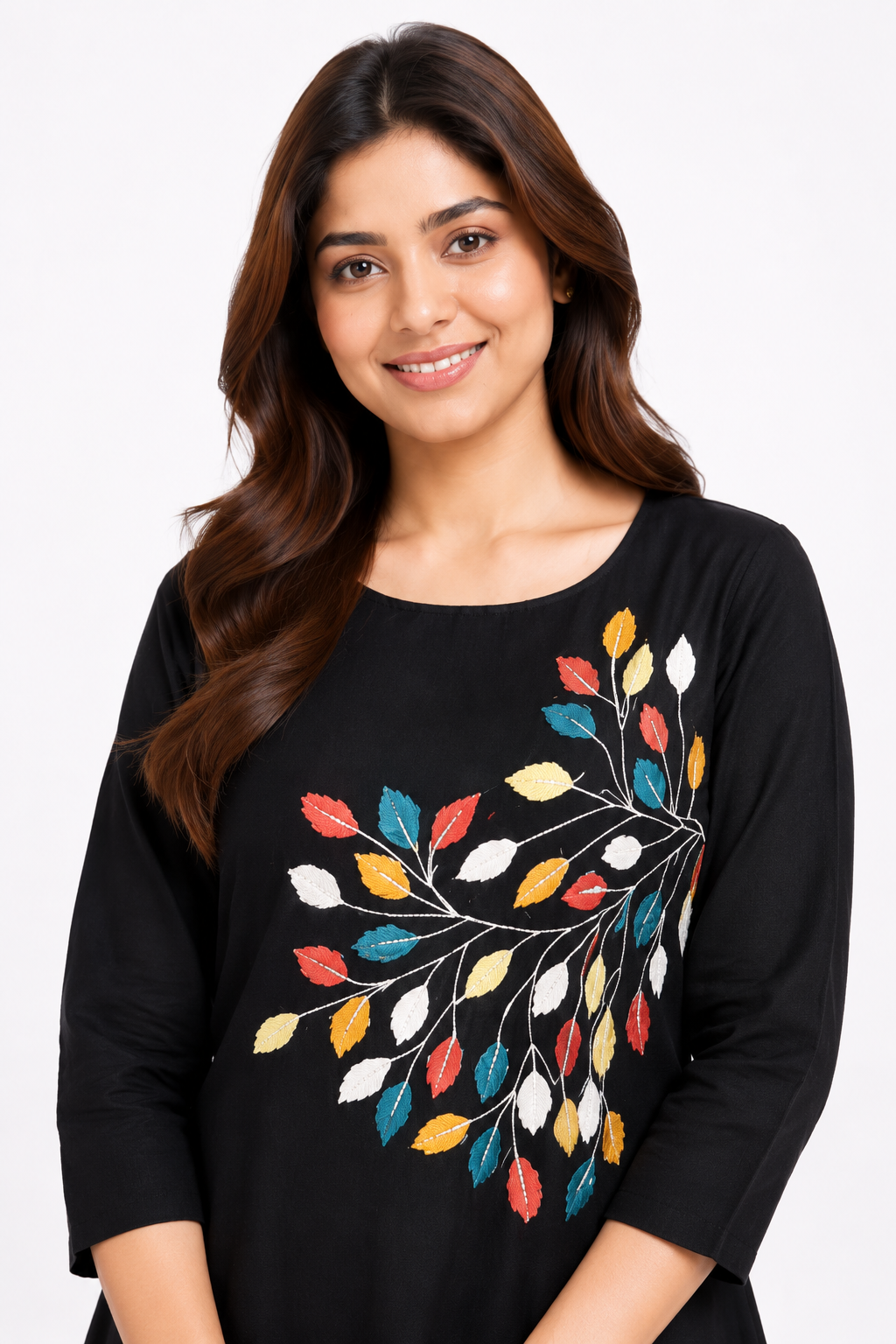 Black Floral Printed High-Low Embroidered  Co-Ord Set for Women