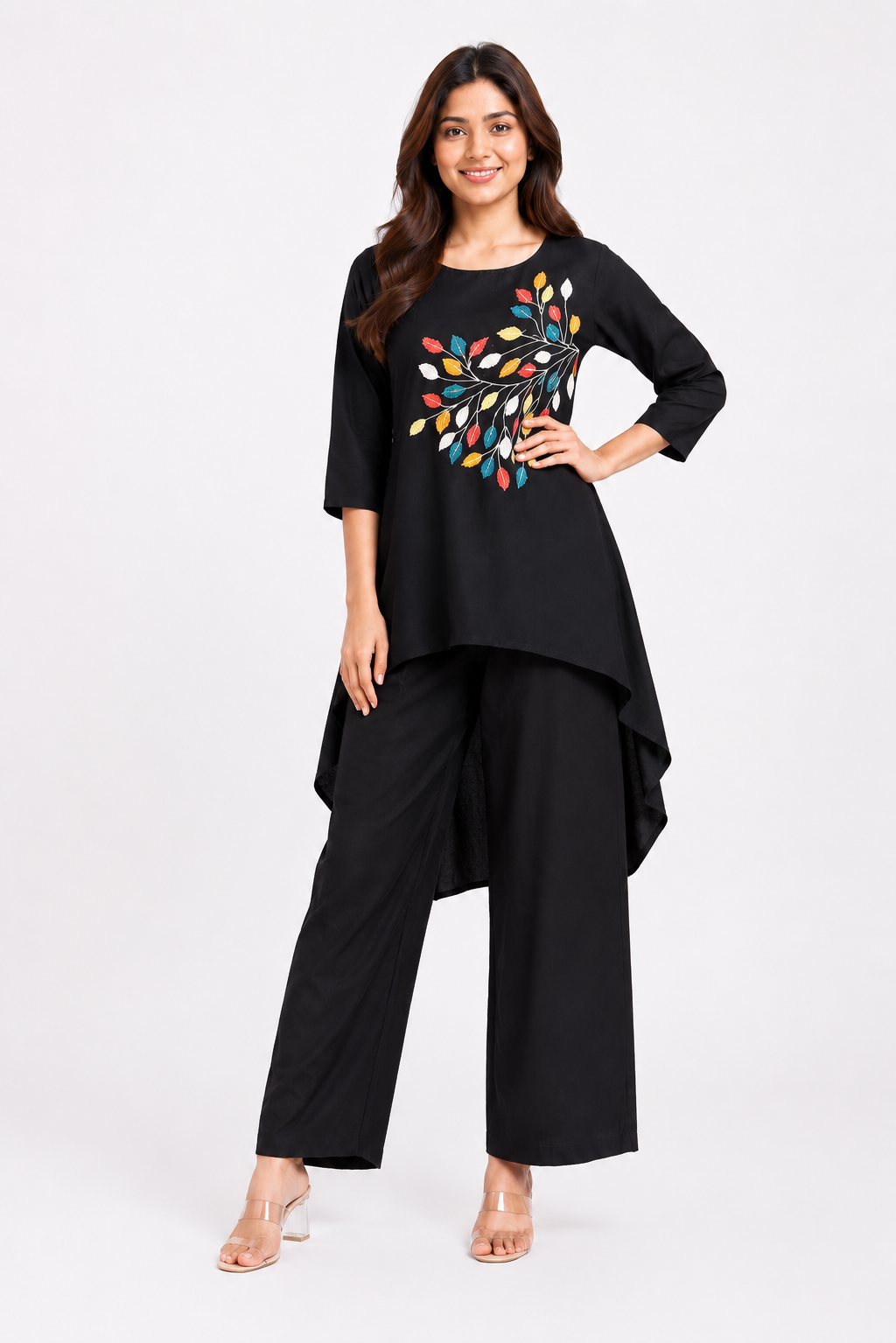 Black Floral Printed High-Low Embroidered  Co-Ord Set for Women