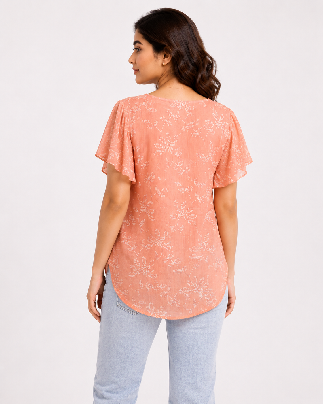 Peach Floral Print Flutter Sleeve Top for Women