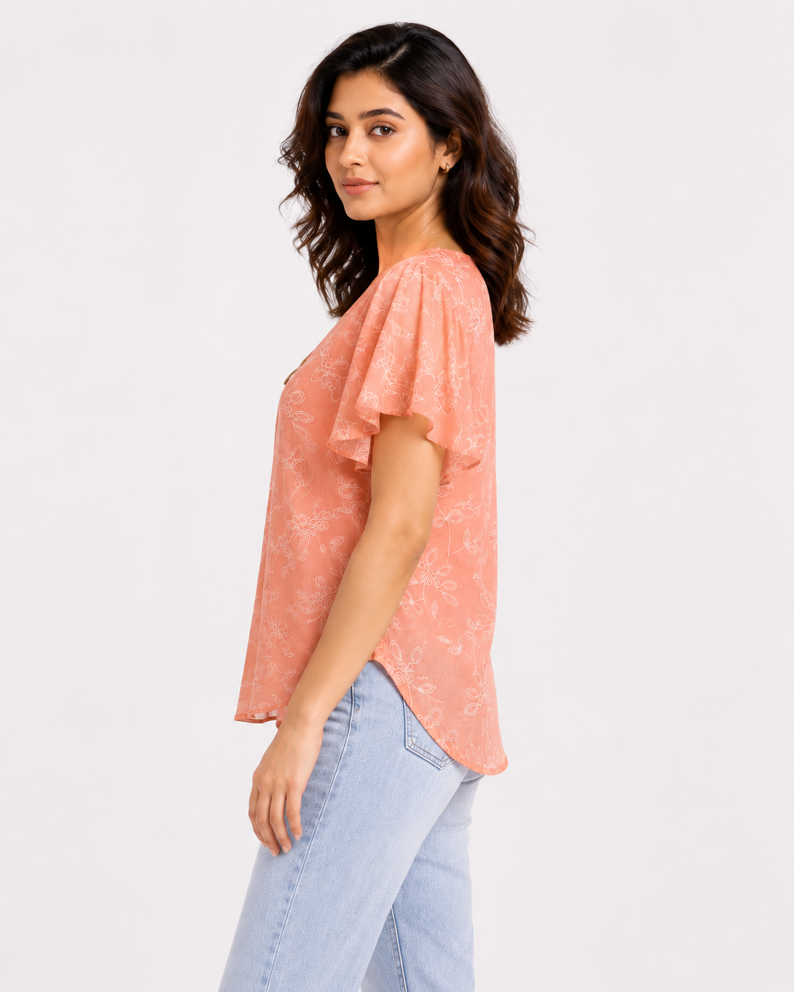 Peach Floral Print Flutter Sleeve Top for Women