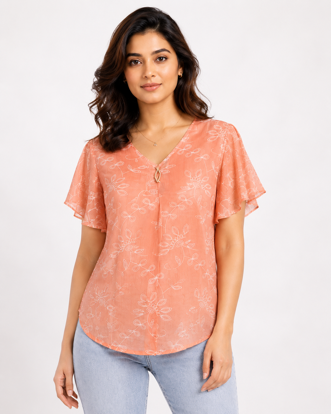 Peach Floral Print Flutter Sleeve Top for Women
