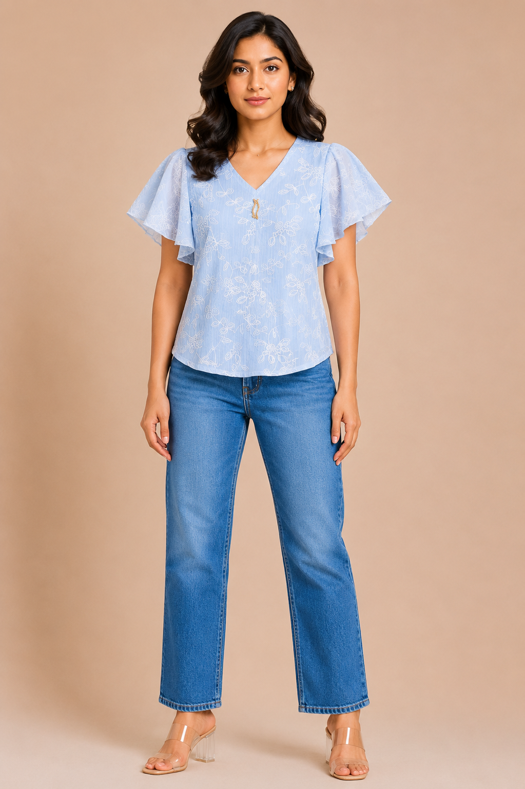 Women’s Sky Blue Floral Flutter Sleeve Top
