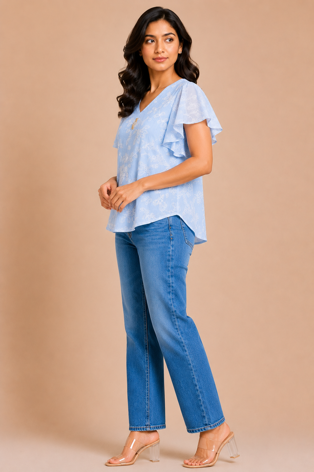 Women’s Sky Blue Floral Flutter Sleeve Top