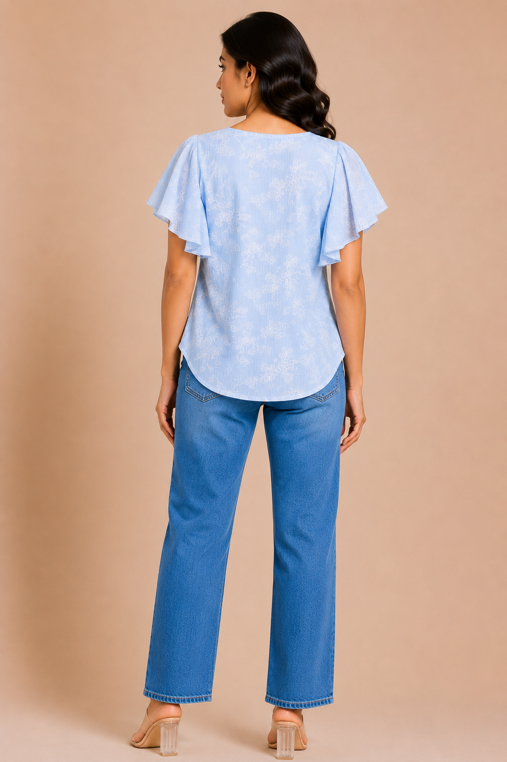 Women’s Sky Blue Floral Flutter Sleeve Top