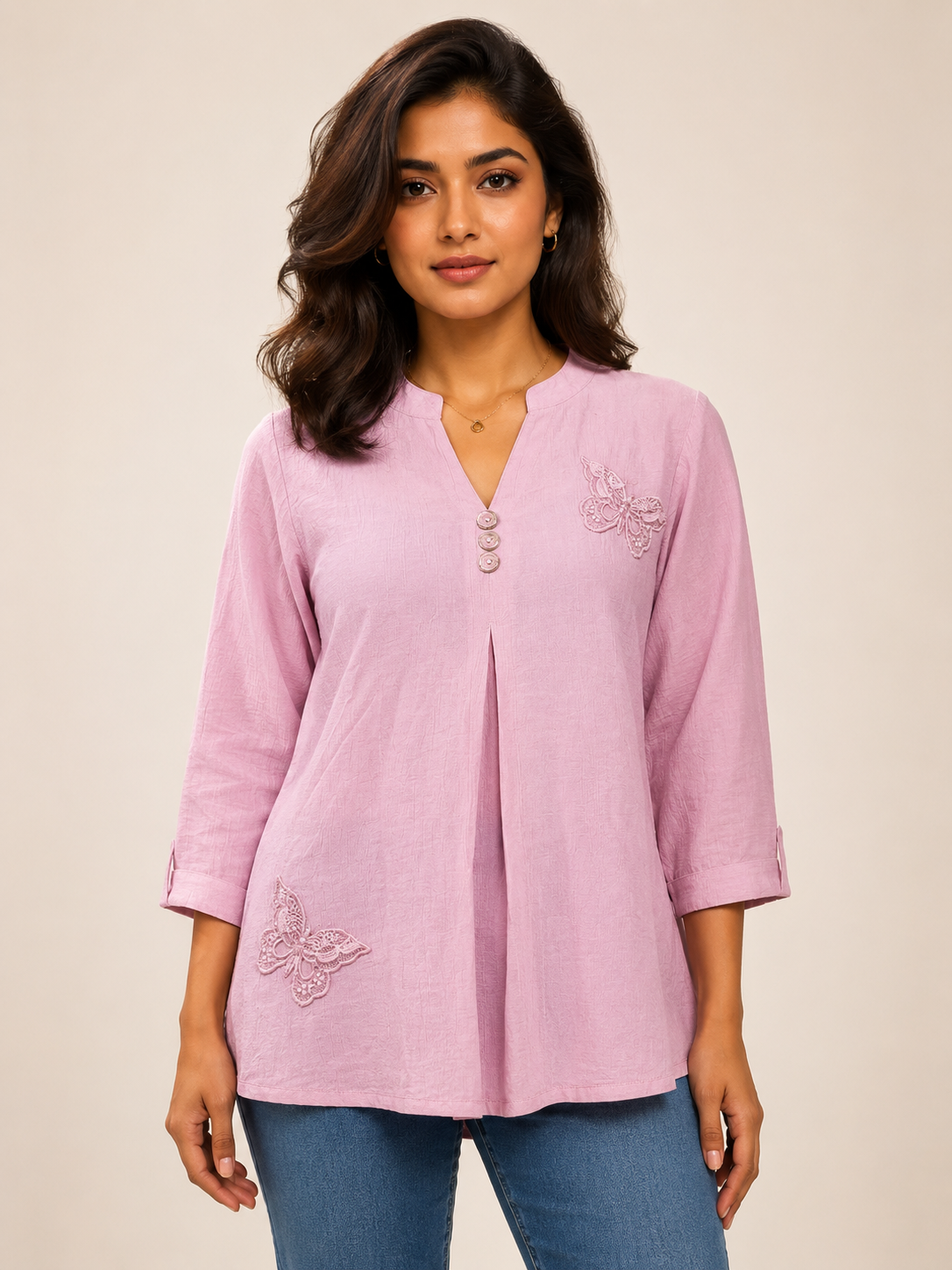Pink Solid Top with Embroidered Butterfly Detail