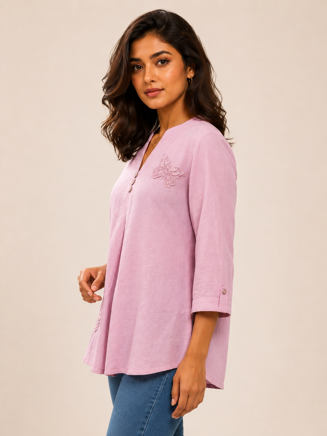 Pink Solid Top with Embroidered Butterfly Detail