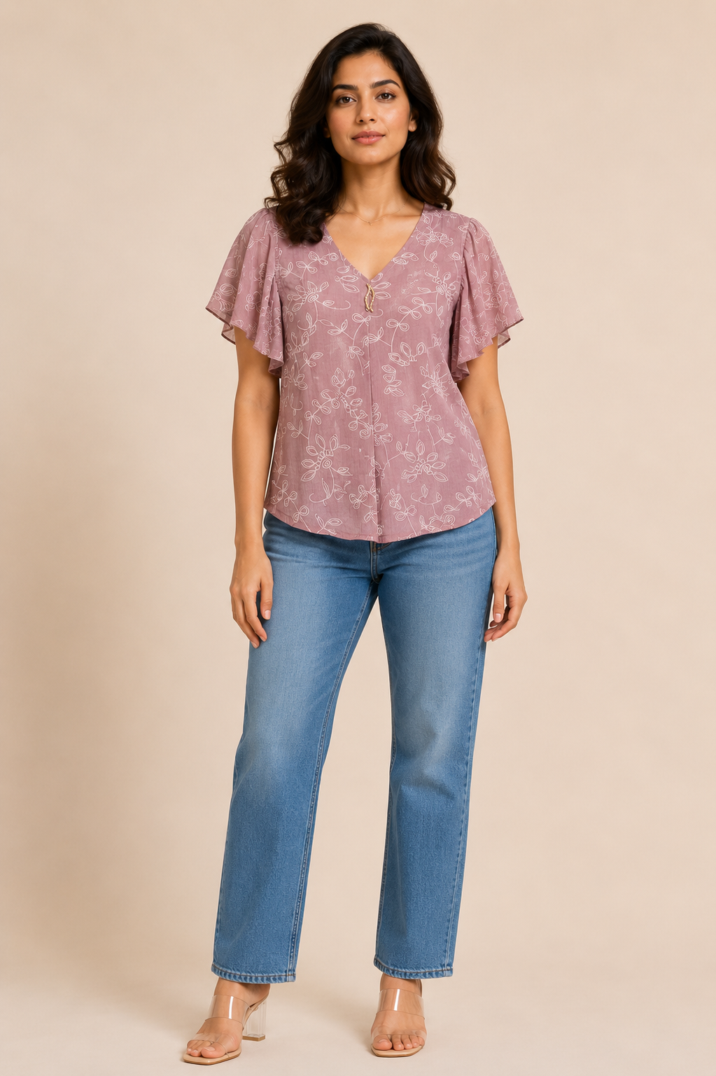 Pink Floral Print Flutter Sleeve Top for Women