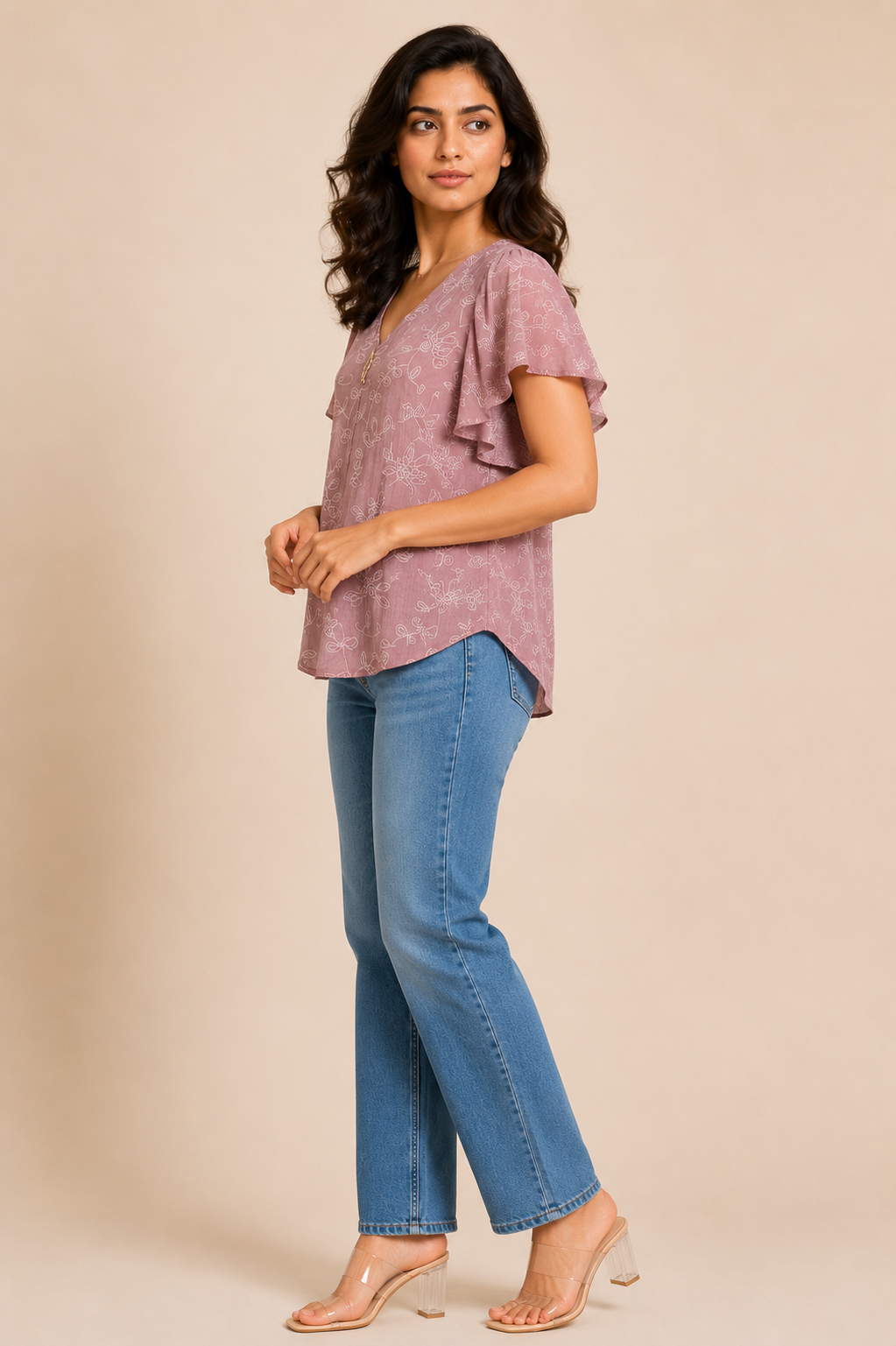 Pink Floral Print Flutter Sleeve Top for Women