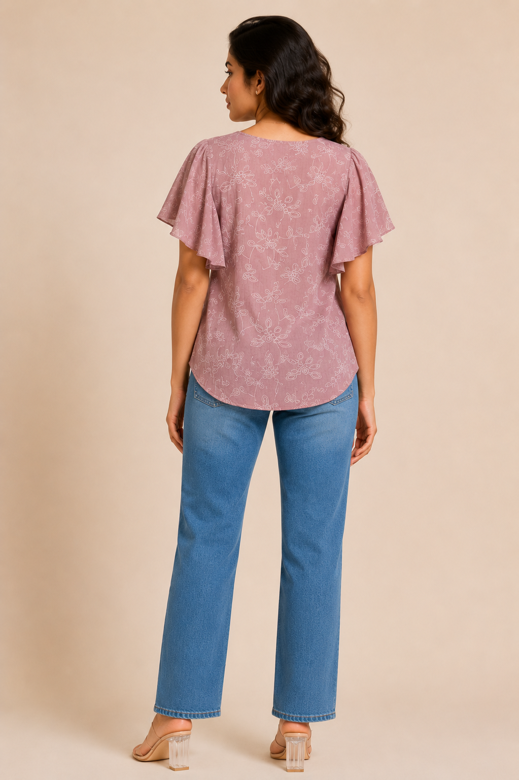 Pink Floral Print Flutter Sleeve Top for Women