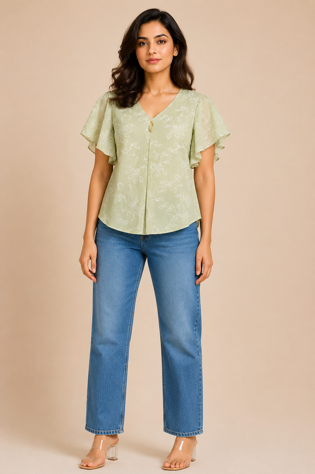 Light Olive Floral Print Flutter Sleeve Top for Women