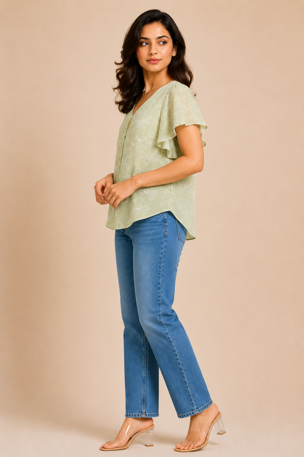 Light Olive Floral Print Flutter Sleeve Top for Women