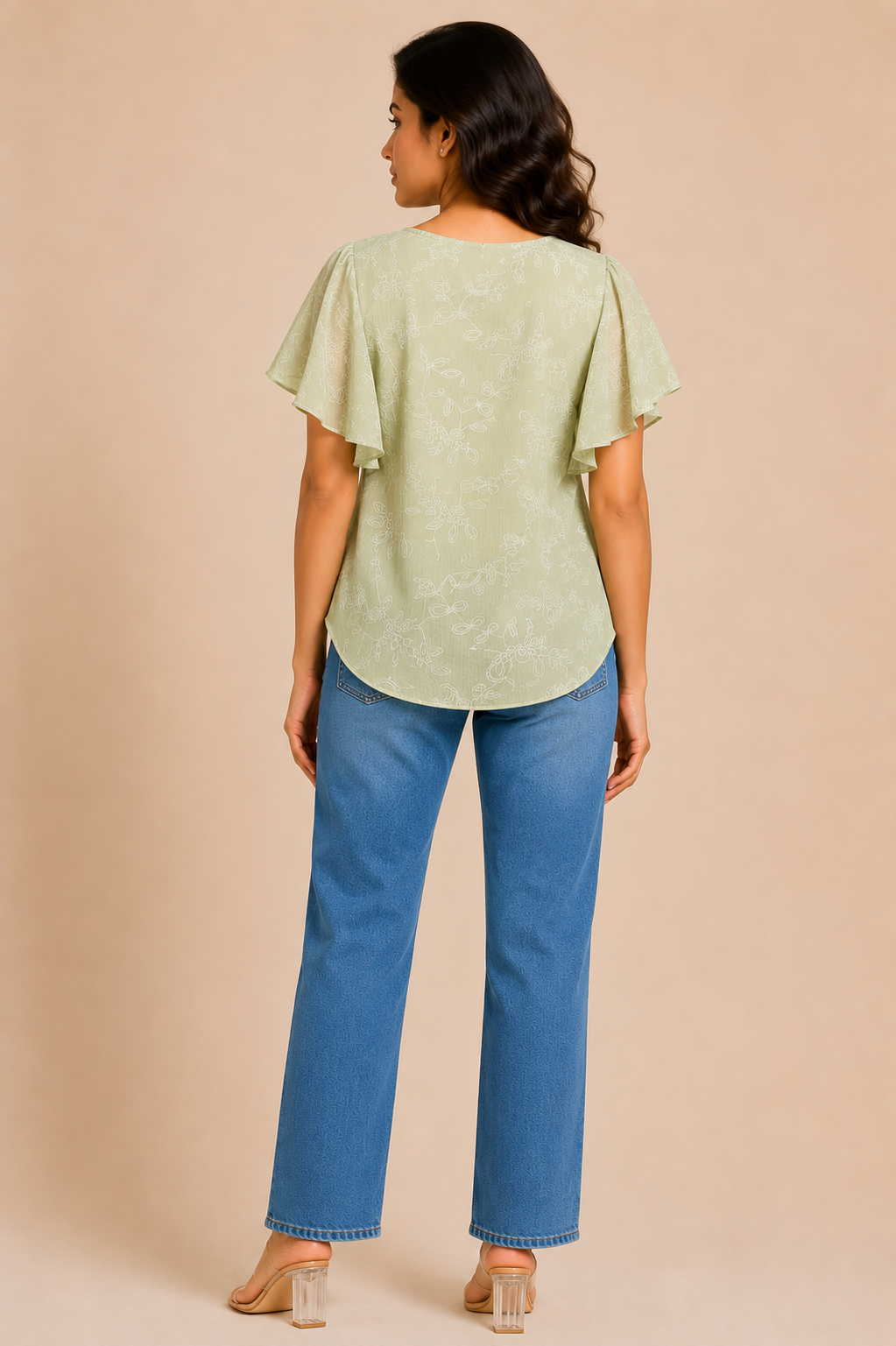 Light Olive Floral Print Flutter Sleeve Top for Women