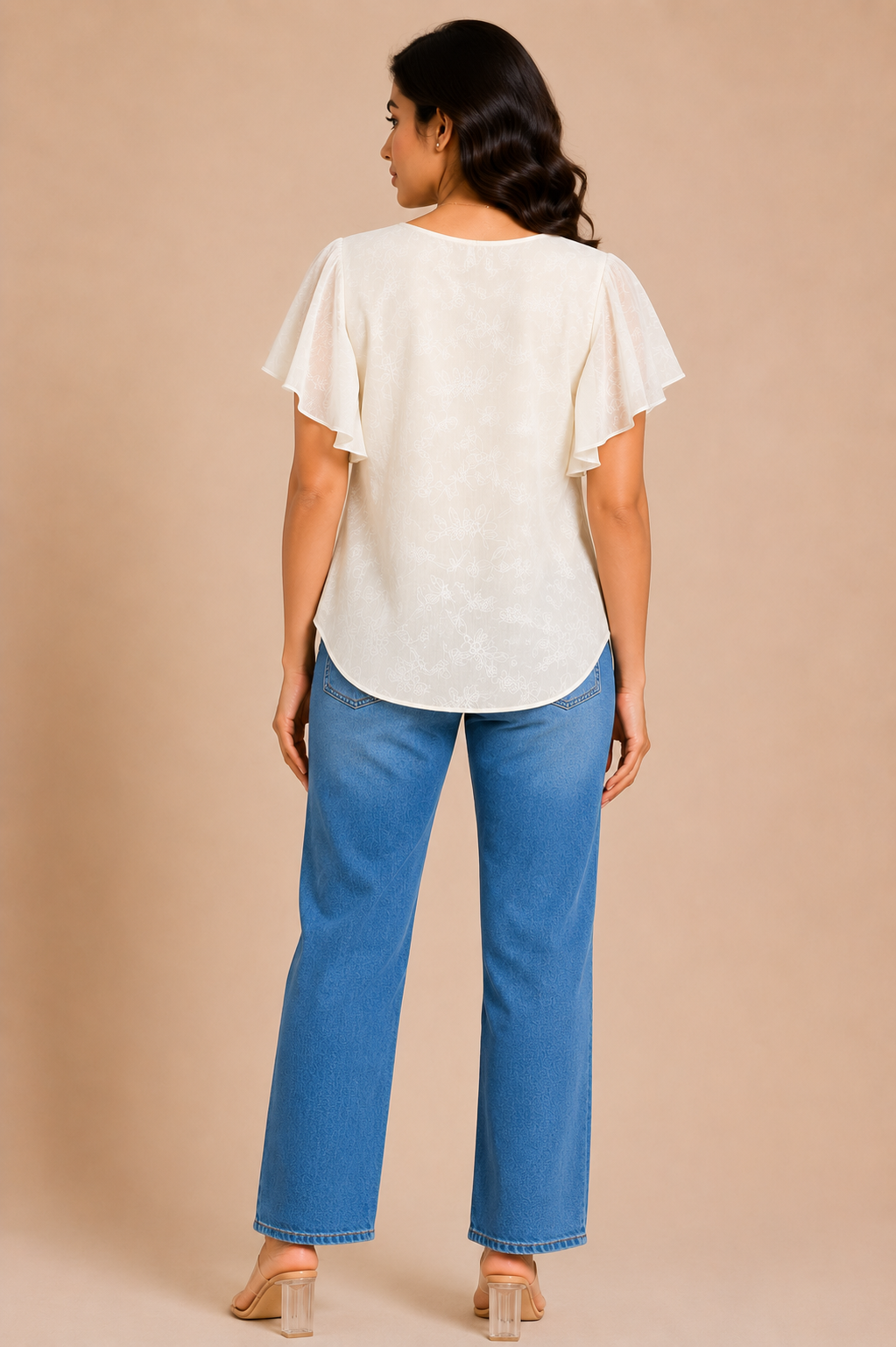 White Floral Print Flutter Sleeve Top for Women