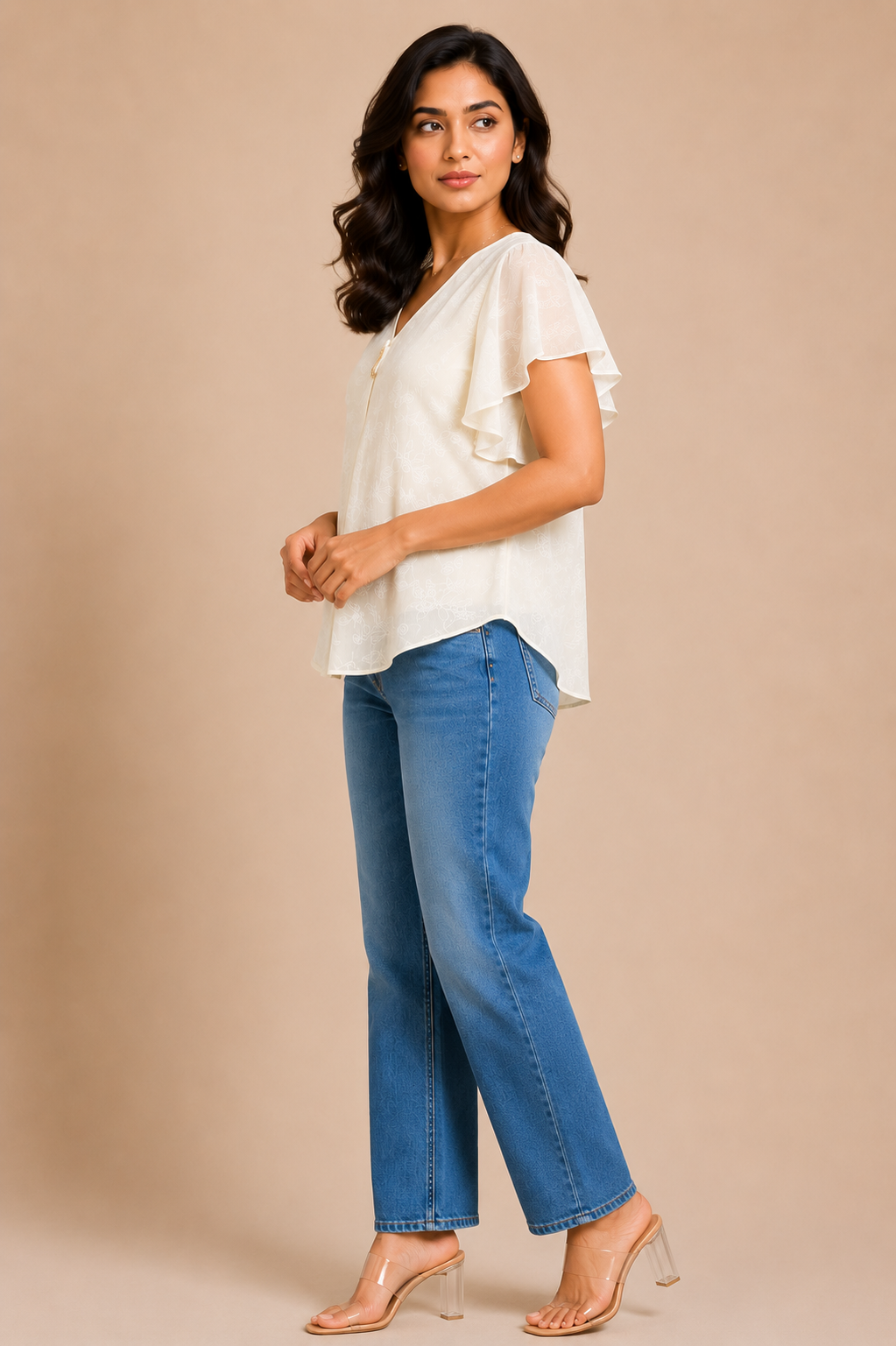 White Floral Print Flutter Sleeve Top for Women