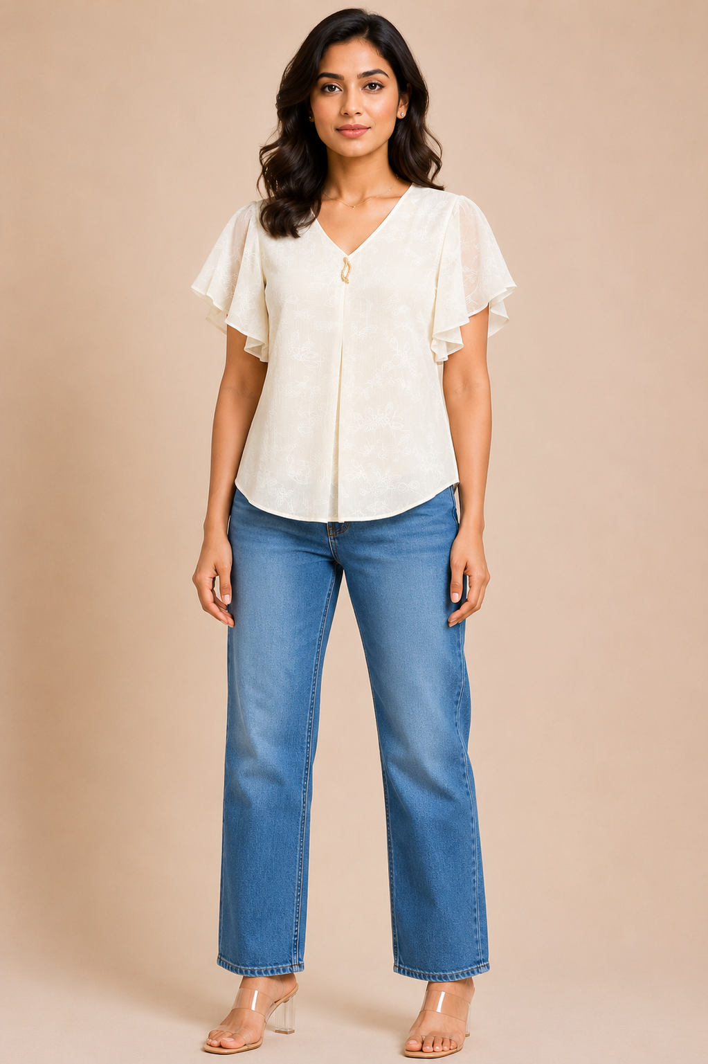 White Floral Print Flutter Sleeve Top for Women