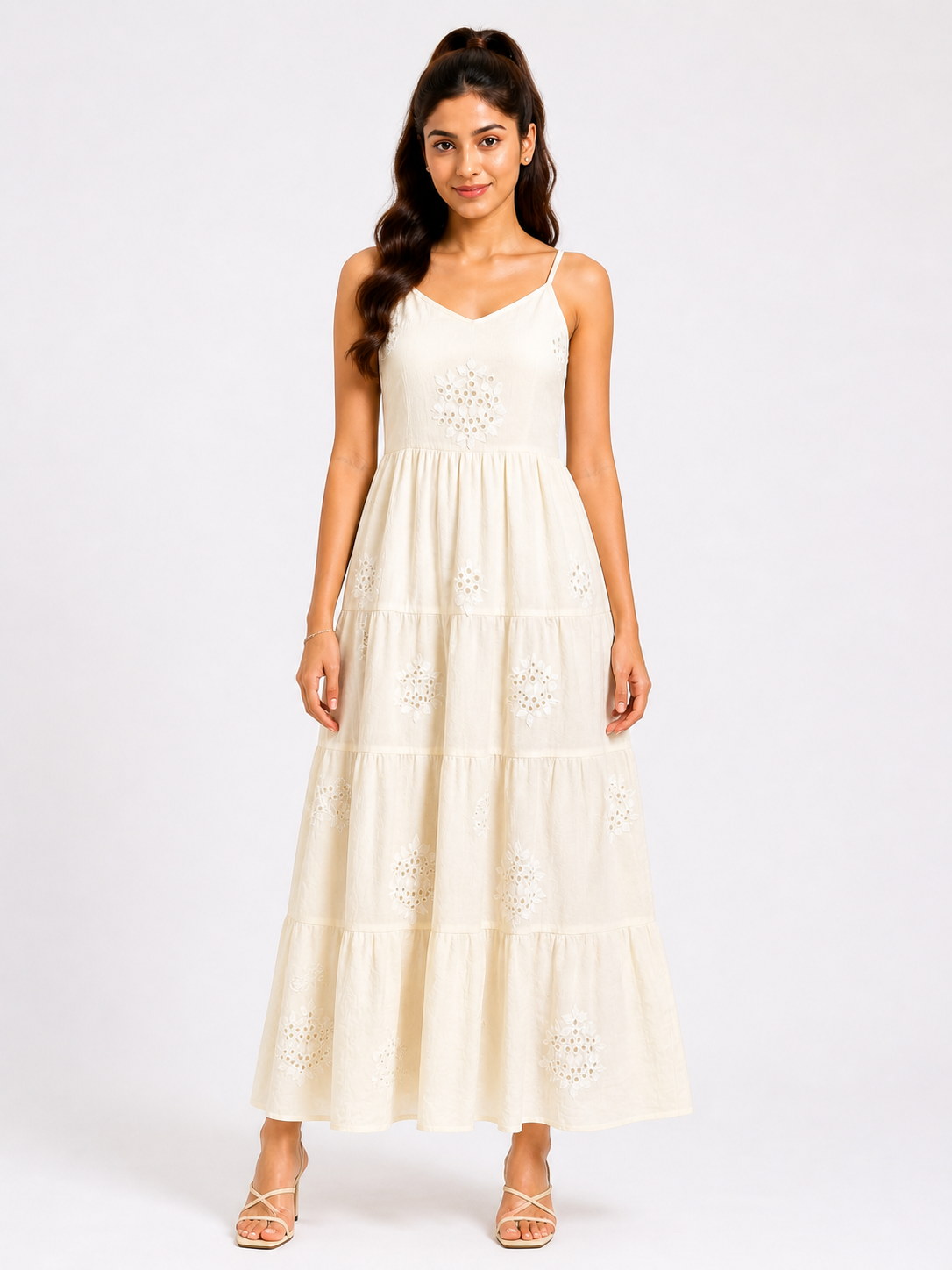 Ivory Embroidered Tiered Midi Dress