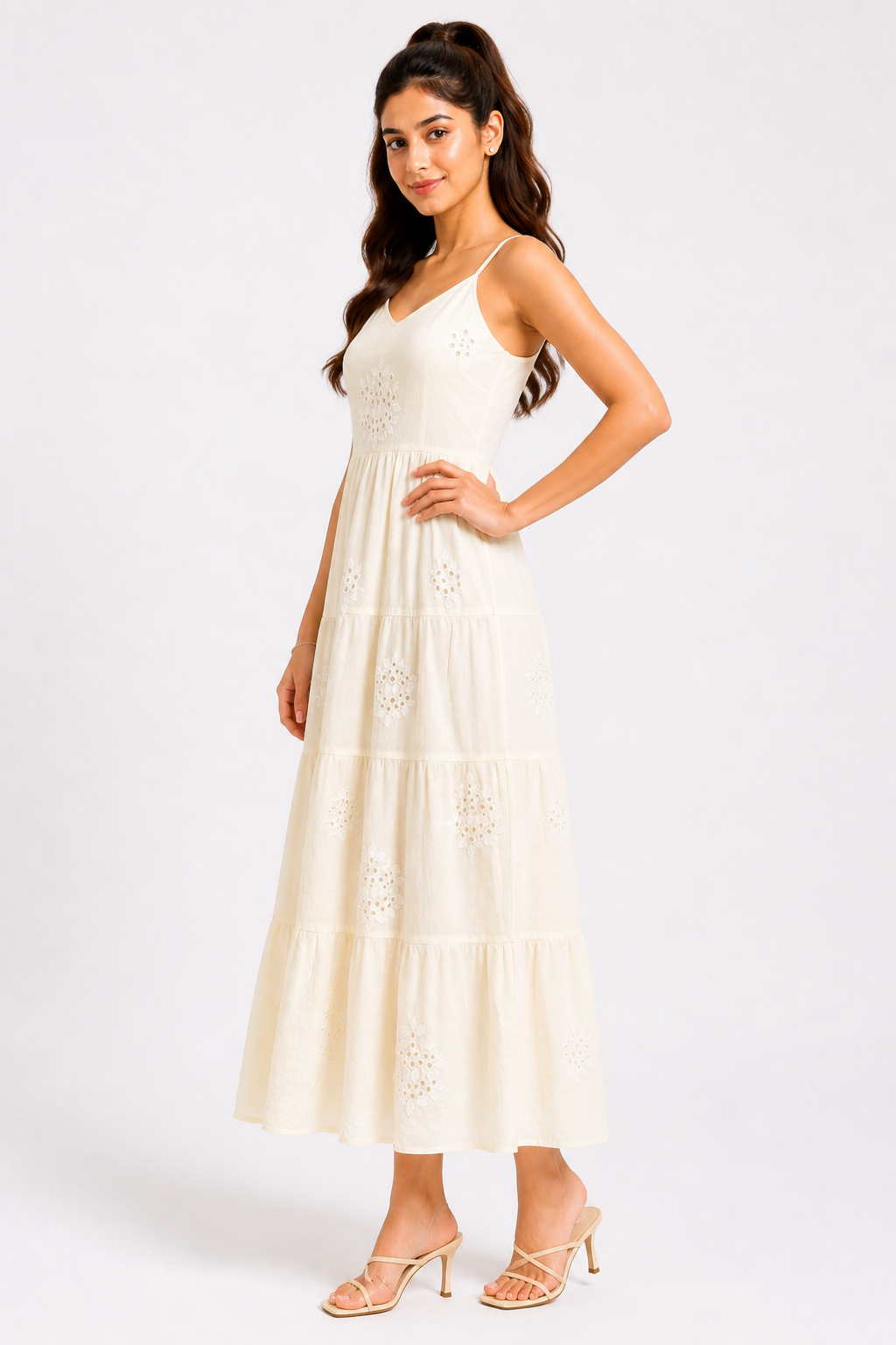 Ivory Embroidered Tiered Midi Dress