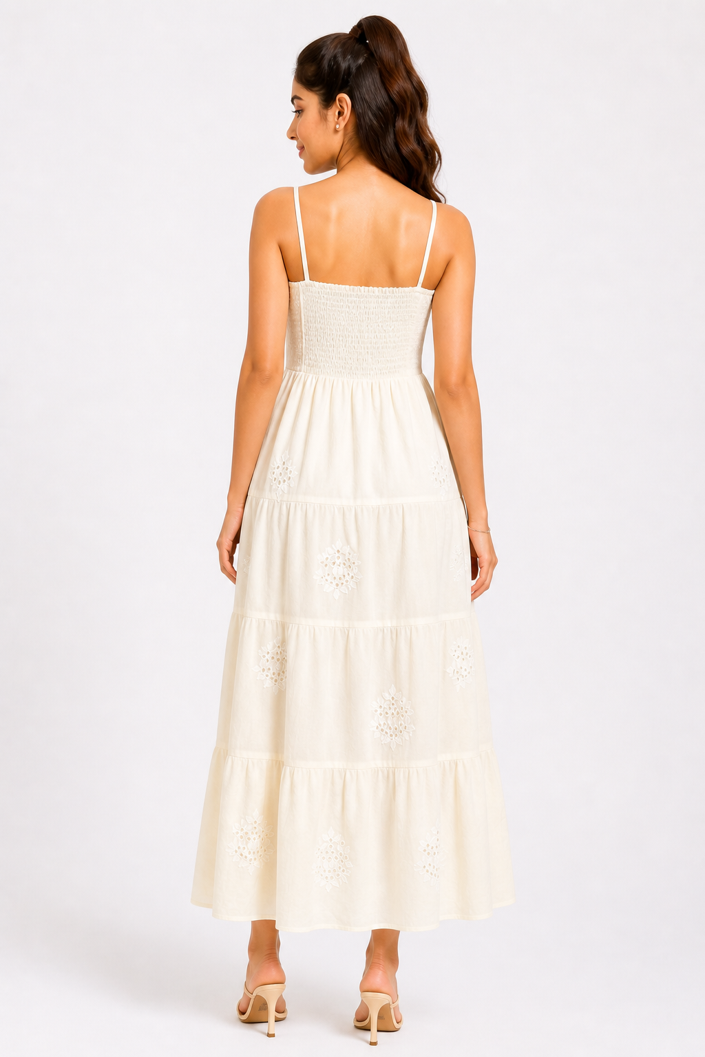 Ivory Embroidered Tiered Midi Dress